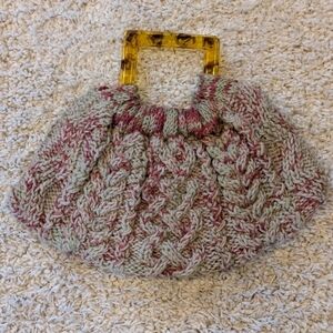 NWOT Hand Crocheted Purse With Faux Tortoiseshell Handles, Lined, Pink And Gray